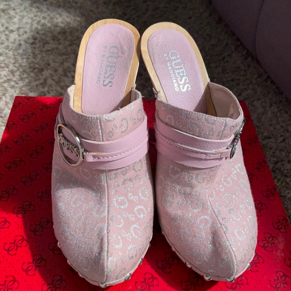 Guess pink high heel clogs